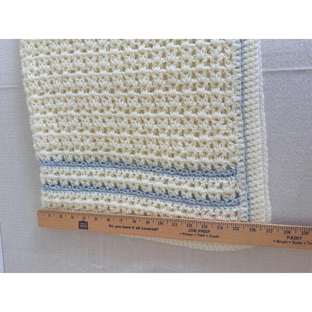 Handmade Crochet Baby Blanket 30x32 Cream Blue Excellent Striped Knit